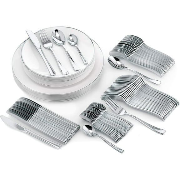 Crown Display Classic Line 120-Piece Disposable Wedding Party Dinner Plates And Cutlery Set, Service For 20 Guests