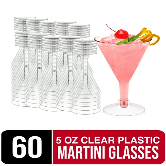 Crown Display Crystal Clear Plastic Martini Glasses - 5 oz Disposable Cocktail Cups (Pack of 60)