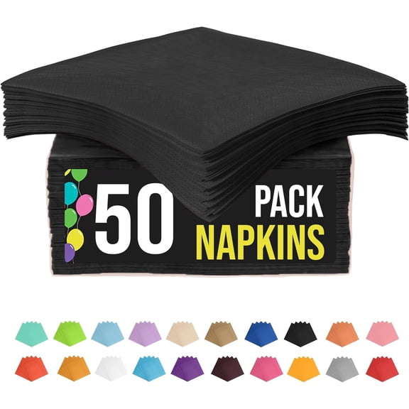 Exquisite Black Luncheon & Dinner Napkins, 50 Count Disposable Paper Napkins, 6.75" x 6.75" Folded