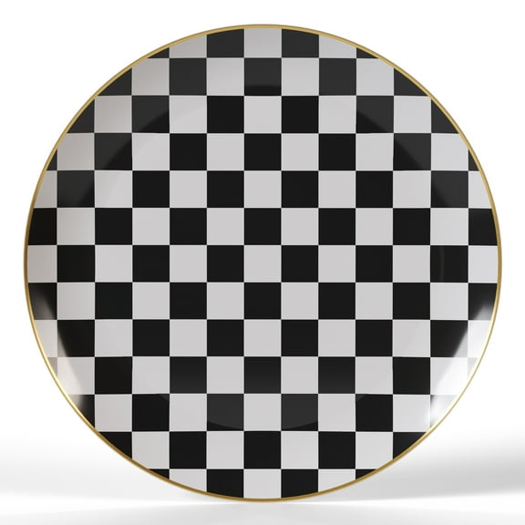 Crown Display Fancy Black And White Checkered Plastic Plate Set With Gold Rimmed Edge - 6 Inch. Checkerboard Design Plates - 40 Pack