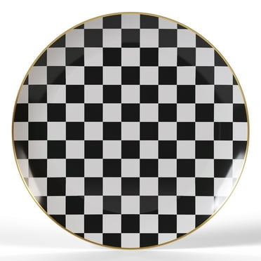 Crown Display Fancy Black And White Checkered Plastic Plate Set With Gold Rimmed Edge - 8 Inch. Checkerboard Design Plates - 40 Pack