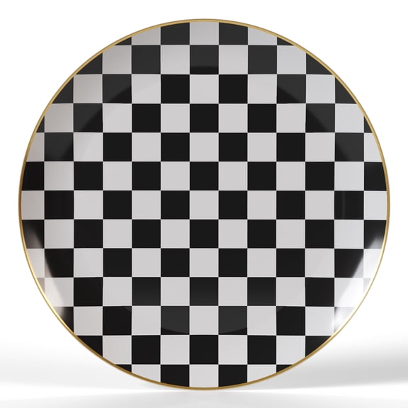 Crown Display Fancy Black And White Checkered Plastic Plate Set With Gold Rimmed Edge - 8 Inch. Checkerboard Design Plates - 40 Pack