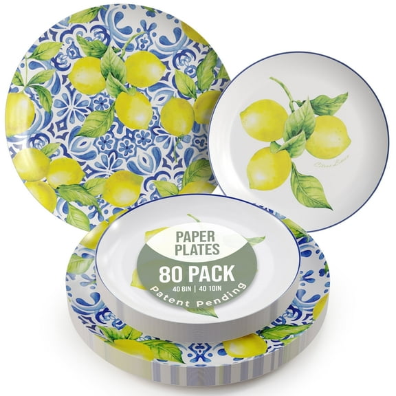 Crown Display Fancy Disposable Paper Plates, 80-Piece Tuscan Party Set - 8 & 10 Inch