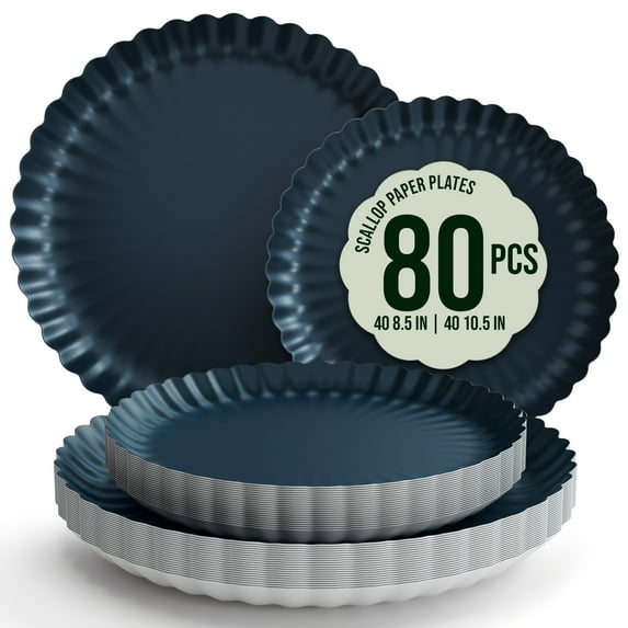 Crown Display Scallop Paper Plates 8.5" & 10.5" 80 Pcs Set for 40 Guests - Black Aqua