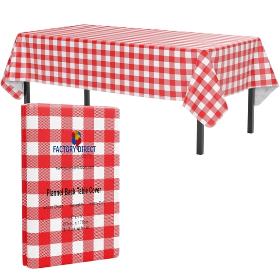 Crown Display Gingham Waterproof Tablecloth - 54 x 70 in. - Modern Gingham Red Checkerboard Plastic Stain-Resistant Vinyl Tablecloth with Flannel Backing