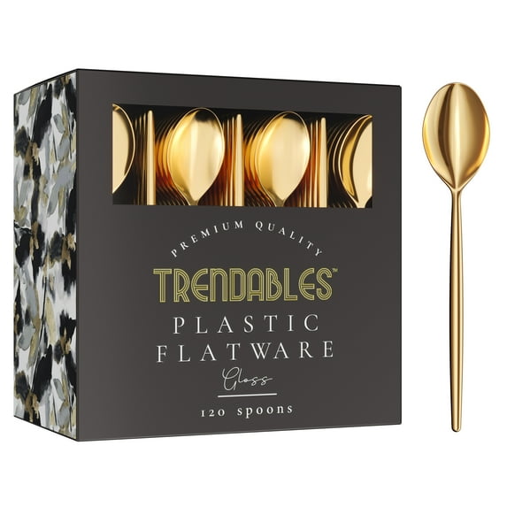 Crown Display Gold Plastic Spoons - 120 Pack Disposable Silverware Set, Glossy, Stylish, Durable