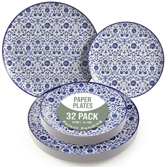 Crown Display Heavy Duty Paper Plates Set for 16 Guests, 32 Fancy Disposable Plates, Florentine