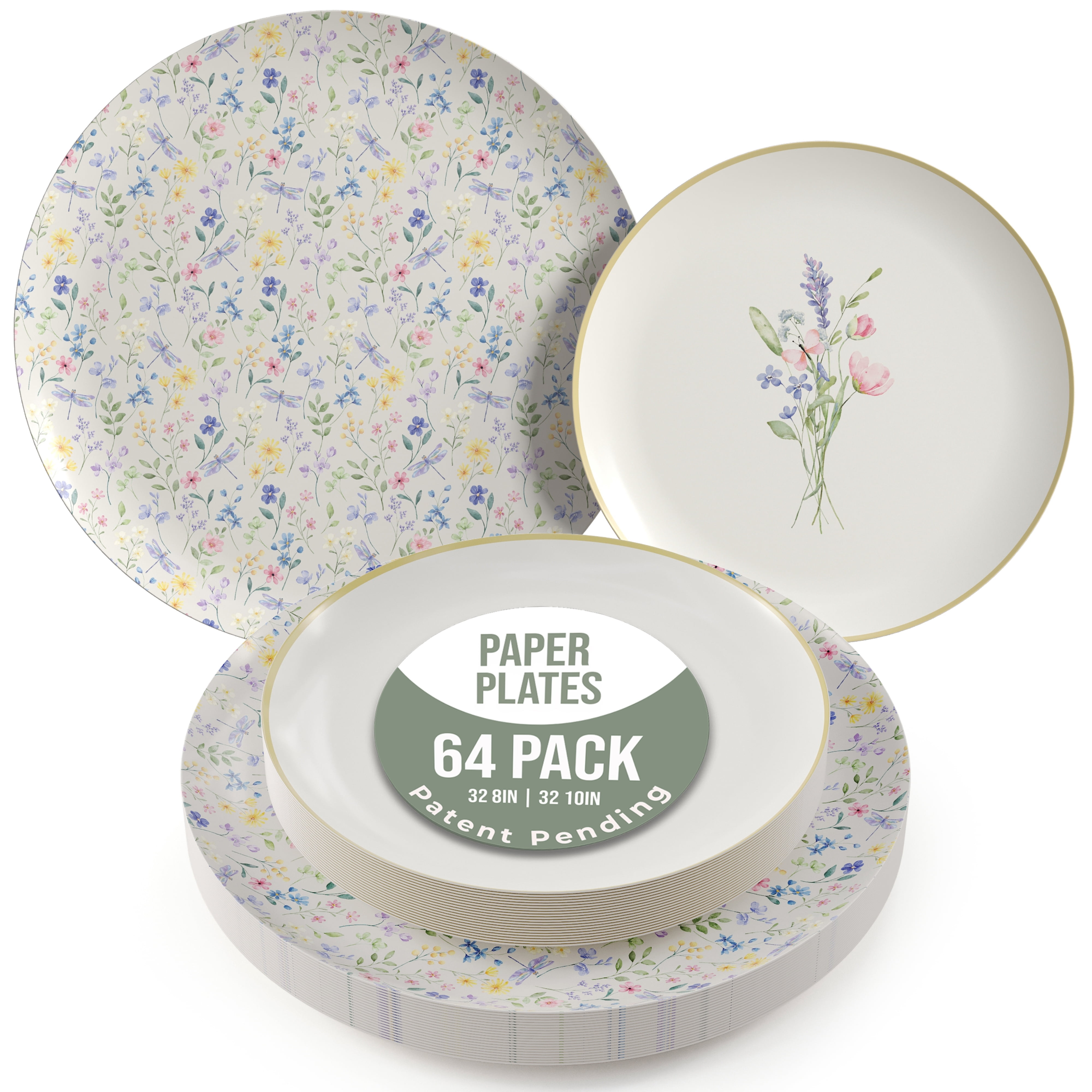 Crown Display Heavy Duty Paper Plates Set for 32 Guests, 64 Fancy Disposable Plates, Charm
