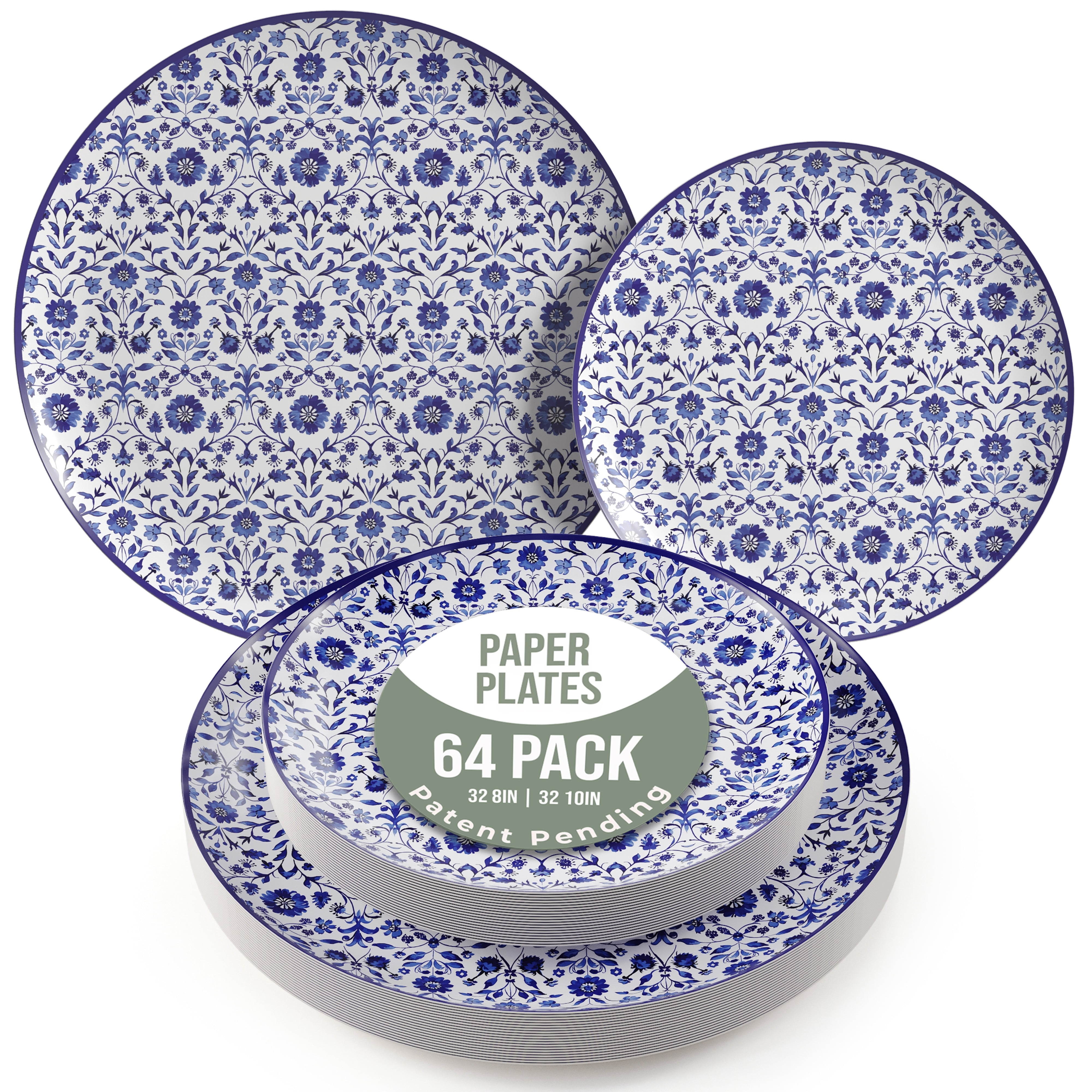 Crown Display Heavy Duty Paper Plates Set for 32 Guests, 64 Fancy Disposable Plates, Florentine