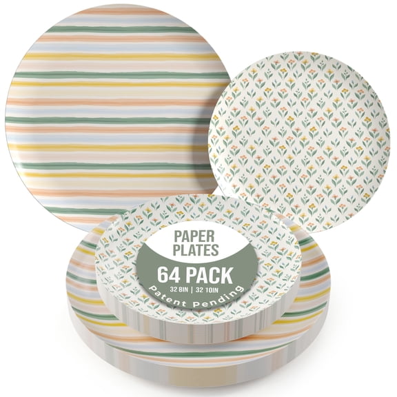 Trendables Folk Floral Heavy Duty Paper Plates, 8" and 10", 64 Pieces for 32 Guests