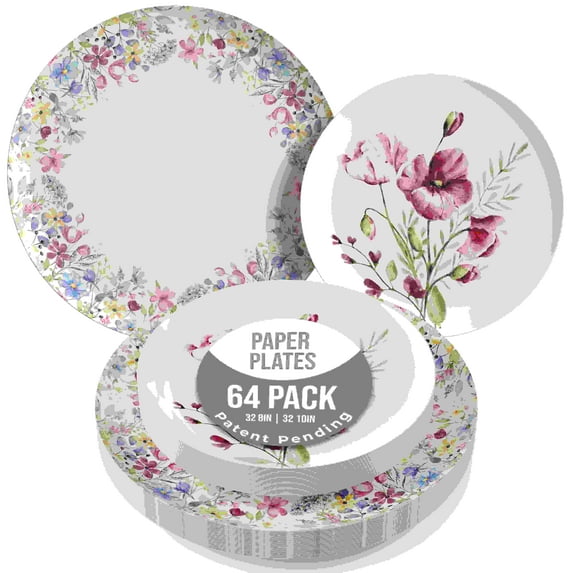 Crown Display Heavy Duty Paper Plates Set for 32 Guests, 64 Fancy Disposable Plates, Petite Fleur