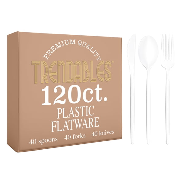 Crown Display Plastic Forks and Spoons 120 Combo Pack White Disposable Silverware Set