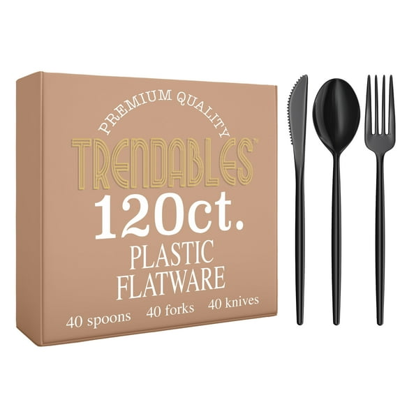 Crown Display Plastic Forks and Spoons Disposable Cutlery Sets, Black, 120 Pieces