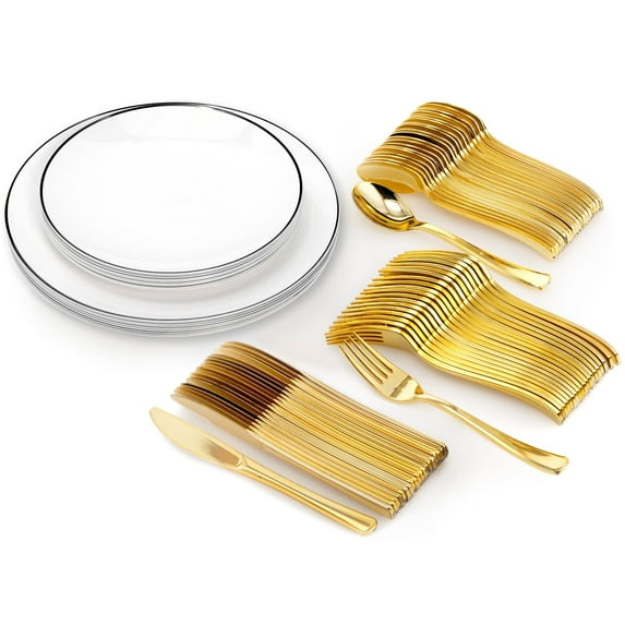 Crown Display Plastic Wedding Plates - Disposable Plastic Plates, Black Rimmed, 200 Piece