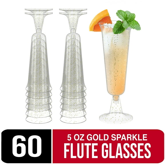 Crown Display Plastic Wine Flute Glasses, Disposable 5 oz Wedding Champagne Glasses - Gold Sparkle