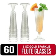 Crown Display Plastic Wine Flute Glasses, Disposable 5 oz Wedding Champagne Glasses - Gold Sparkle