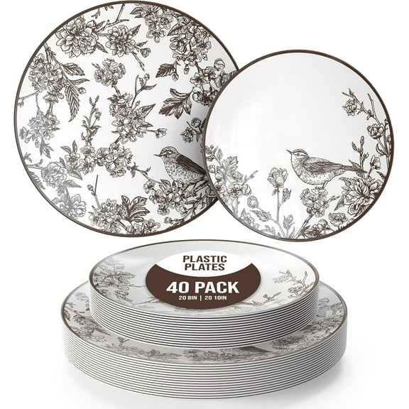 Crown Display Rustik Decorative Plastic Plate Set for 20 Guests | 40 Pc Disposable Dinnerware Party Set