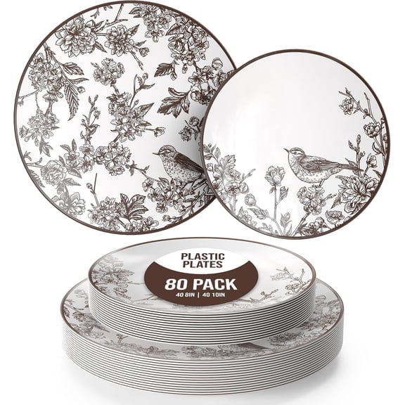 Crown Display Rustik Decorative Plastic Plate Set for 40 Guests | 80 Pc Disposable Dinnerware Party Set