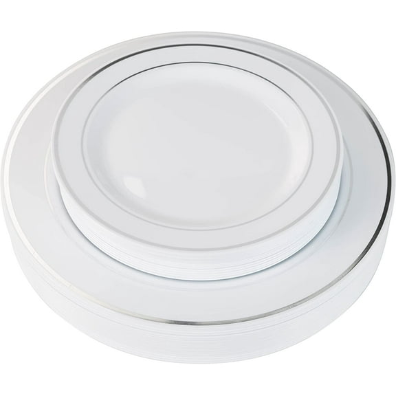 Crown Display Silver Line Round Plastic Plate Combo - 60 Piece set of Hard Plastic Dinnerware - 30 10.25 Dinner and 30 - 7.5 Salad/Dessert