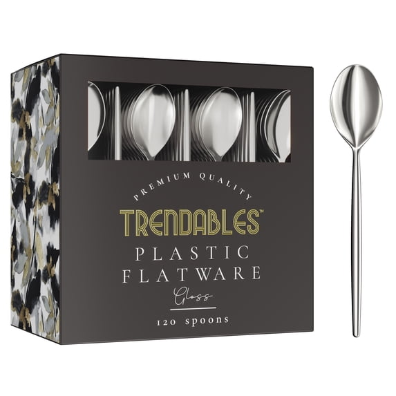 Crown Display Silver Plastic Spoons - 120 Pack Disposable Silverware Set, Glossy, Elegant, Durable