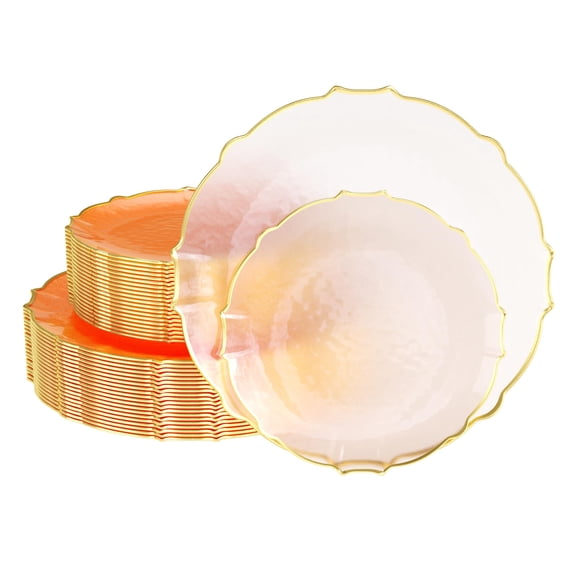 Exquisite Rosé Coral Peach with Gold Petal Disposable Plastic Plates Combo Pack, 80 Count – 10.25" Dinner Plates & 7.5" Salad Plates