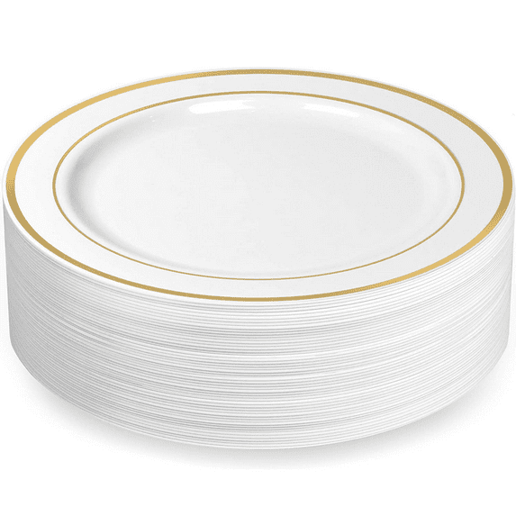 Crown Display Wedding & Party Disposable Plastic Dinner Plates 10.25" White with Gold Rim 40 Pack