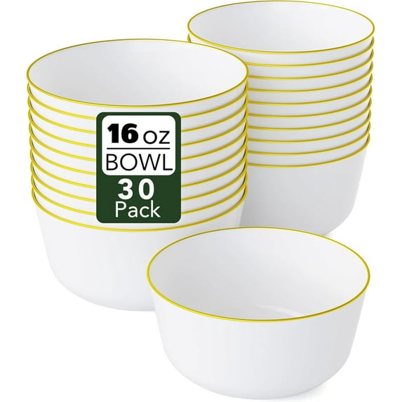 Crown Display White Gold Rim Plastic Bowls 16 Oz 30 Count | Heavy Duty Disposable Soup Bowls