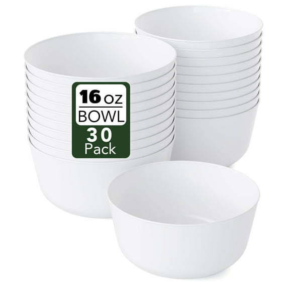 Crown Display White Plastic Bowls 16 Oz 30 Count | Large Heavy Duty Disposable Party Bowls
