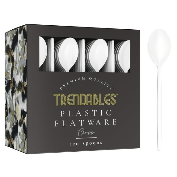 Crown Display White Plastic Spoons - 120 Pack Disposable Silverware Set, Glossy, Stylish, Durable