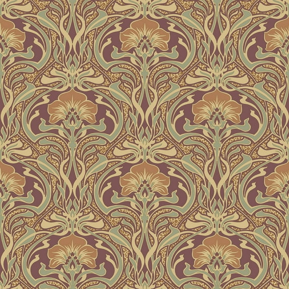 Crown Donovan Burnt Sienna Nouveau Floral Unpasted Paper Wallpaper, 20.5-in by 33-ft, 56.4 sq. ft.