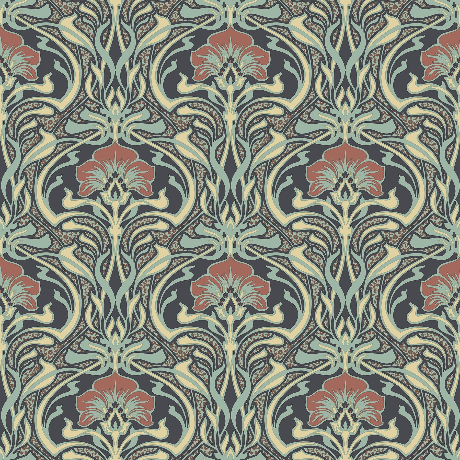 Moss Green and Black Floral Nouveau Wallpaper, 20.5-in by 33-ft