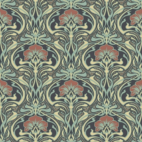 Crown Donovan Moss Nouveau Floral Unpasted Paper Wallpaper, 20.5-in by 33-ft, 56.4 sq. ft.
