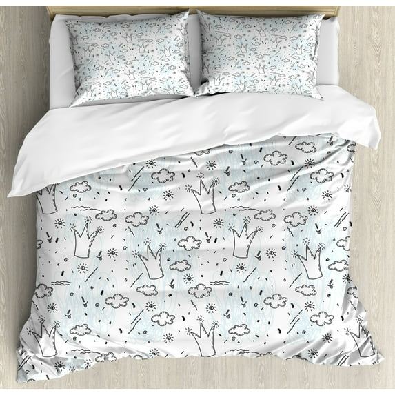 Crown Duvet Cover Set, Print of Doodled Hand Drawn Like Scribbles Abstract Strokes, Decorative 3 Piece Bedding Set with 2 Pillow Shams, Queen Size, Pale Blue and Charcoal Grey, by Ambesonne