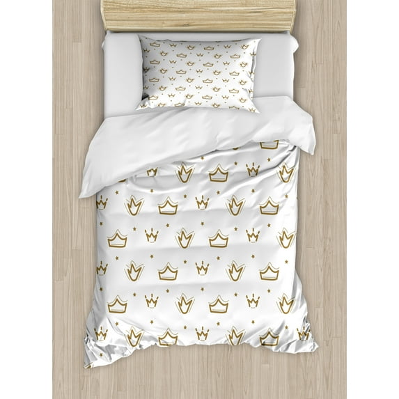 Crown Duvet Cover Set, Randomly Formed Shapes Resembling Palace King Queen Adornments and Stars, Decorative 2 Piece Bedding Set with 1 Pillow Shams, Twin Size, Dark Khaki and White, by Ambesonne