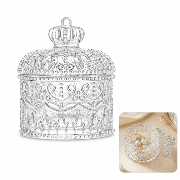 Crown Embossed Glass Jar with Lid Vintage Elegance for Your Vanity, A Little Luxurious Treasure Box for Candies, Jewelry, or Memories, Perfect for Gifting and Everyday Joy