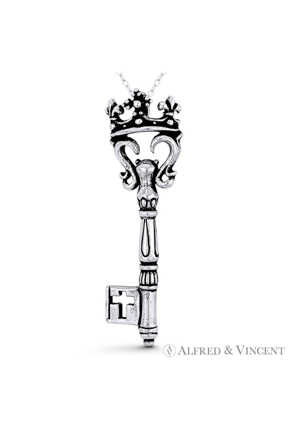 Crown, Fleur-De-Lis, & Cross Skeleton "Key to Heart" Charm 58x17mm (2.3x0.7in) Pendant in Oxidized .925 Sterling Silver