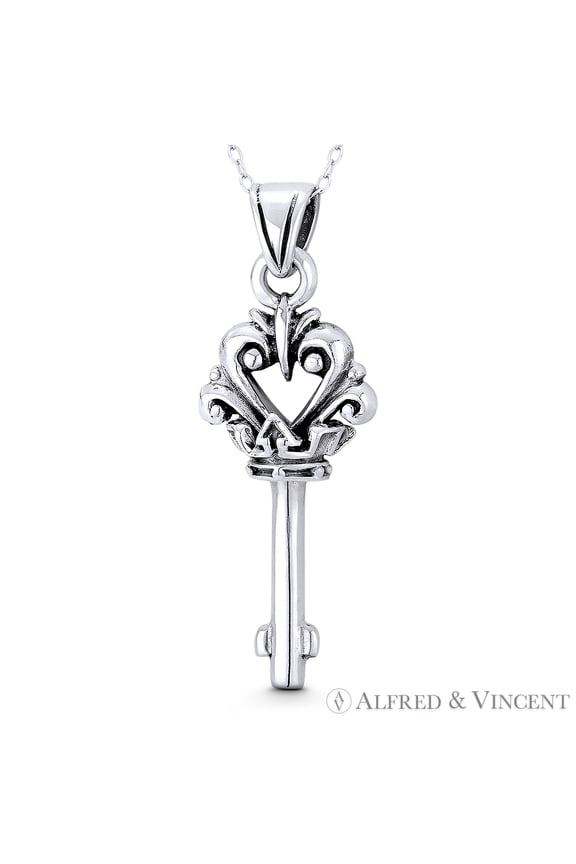 Crown & Flourished Heart Skeleton "Key to Heart" Charm 42x16mm (1.7x0.6in) Pendant in Oxidized .925 Sterling Silver