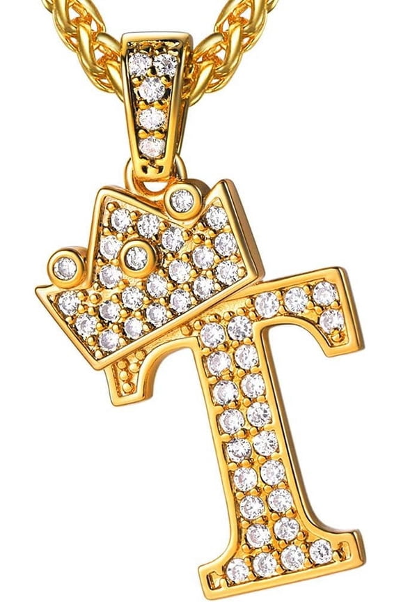Crown Initial A-Z Necklace, Iced Out Letter Pendant With 22-24 Inch Chain, Men Women Bling Hip Hop Alphabet Name Jewelry Big Initials Necklaces Color Steel,Black,Gold[o800]