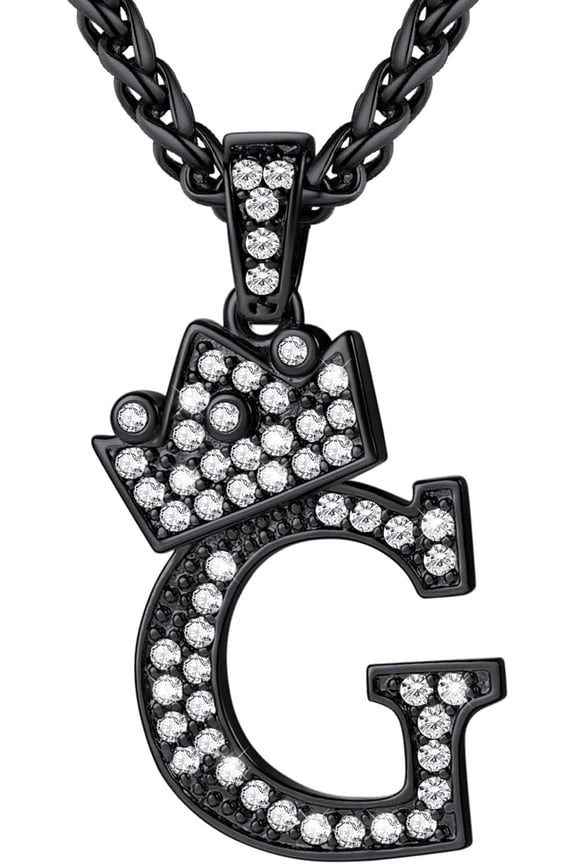 Crown Initial A-Z Necklace, Iced Out Letter Pendant With 22-24 Inch Chain, Men Women Bling Hip Hop Alphabet Name Jewelry Big Initials Necklaces Color Steel,Black,Gold[o836]