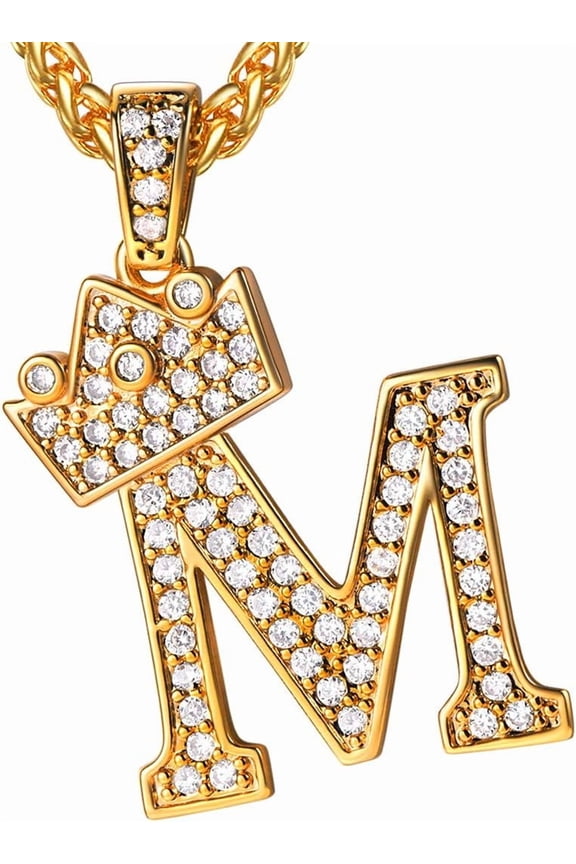 Crown Initial A-Z Necklace, Iced Out Letter Pendant With 22-24 Inch Chain, Men Women Bling Hip Hop Alphabet Name Jewelry Big Initials Necklaces Color Steel,Black,Gold[o785]