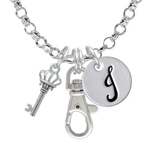 Crown Key - J - Initial Badge Clip Necklace