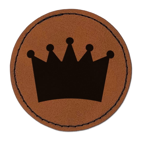 Crown King Queen Princess 2.5" Faux Leather Round Engraved Iron-On Patch - Brown