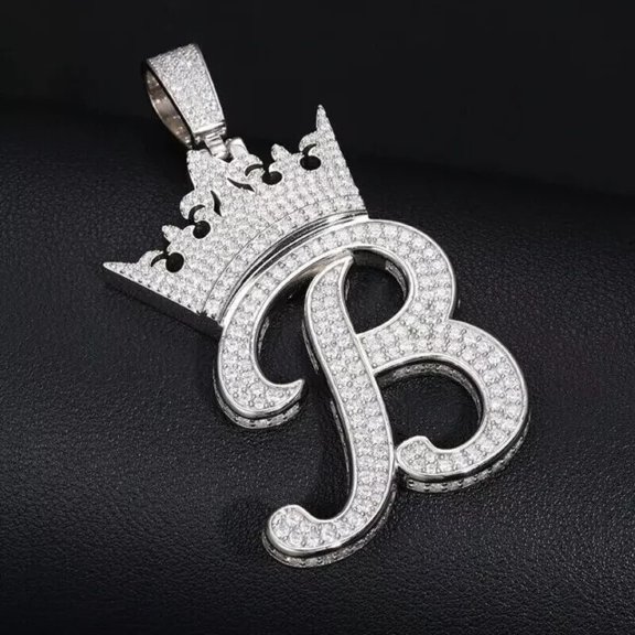 Crown Letter "B" Pendant 3.5Ct Round Natural Moissanite in 14k White Gold Plated