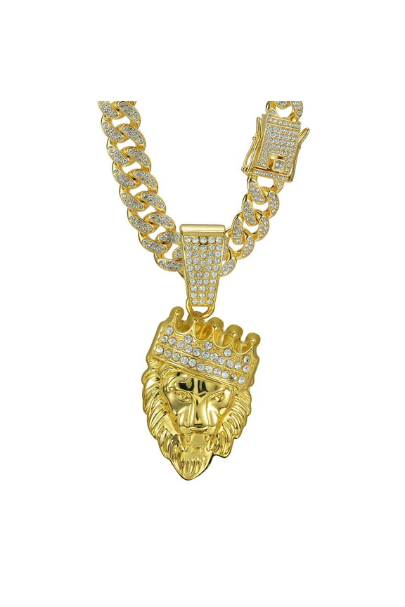 Crown Lion Hip Hop Necklace for Men Hip hop necklace for men Iced Out Lion King Crown Pendant Chain Necklace, Gold Plated Cuban Link, Chain length 23.62 inches