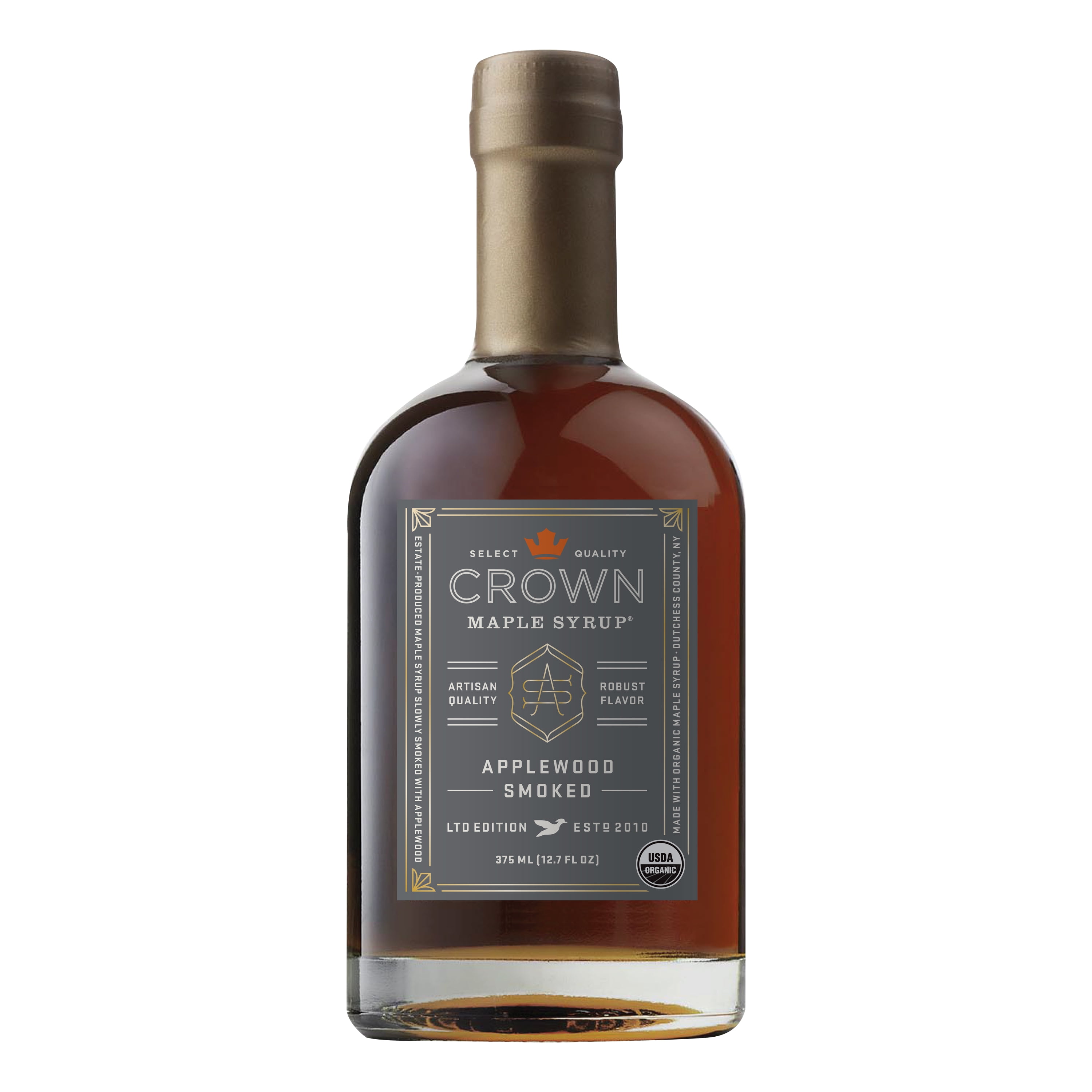 Crown Maple Applewood Smoked organic maple syrup, 375ml (12.7 fl oz); Gluten Free, non-GMO, Allergen Free