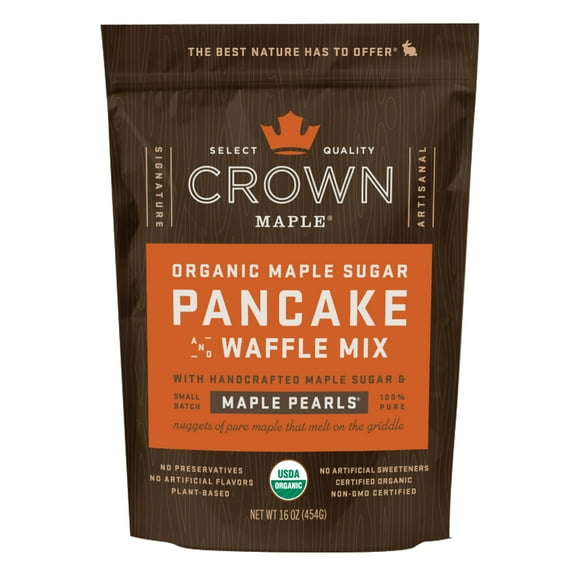 Crown Maple Organic Maple Sugar Pancake Mix with Handcrafted Maple Sugar and Small-Batch Maple Pearls 16 oz