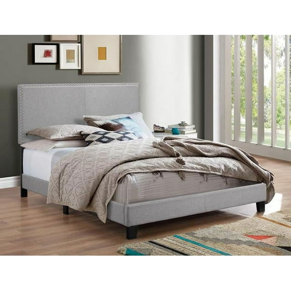 Crown Mark Erin Gray Upholstered Bed with Nail Head Trim, Full