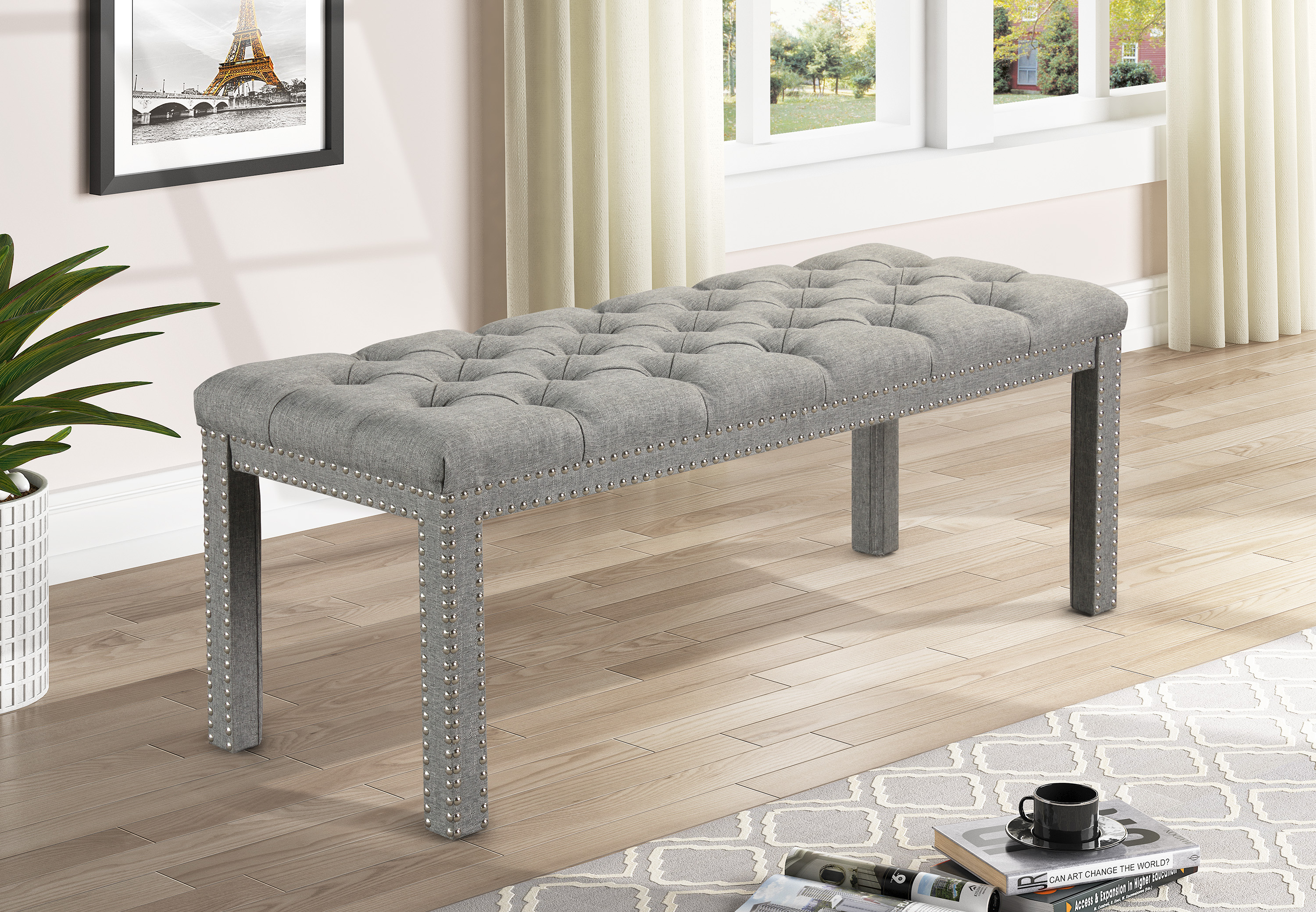 Crown Mark Finley Upholstered Nailhead Bench, Gray - image 1 of 4