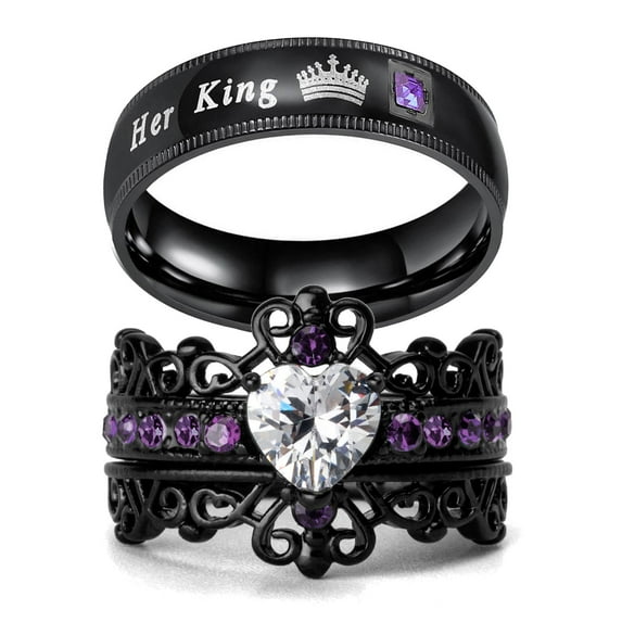 Crown Matching Rings Couple Ring Purple 1CT CZ Women Wedding Ring Set Male Titanium Band