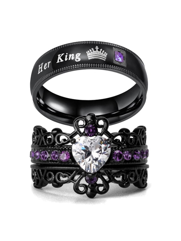 Crown Matching Rings Couple Ring Purple 1CT CZ Women Wedding Ring Set Male Titanium Band